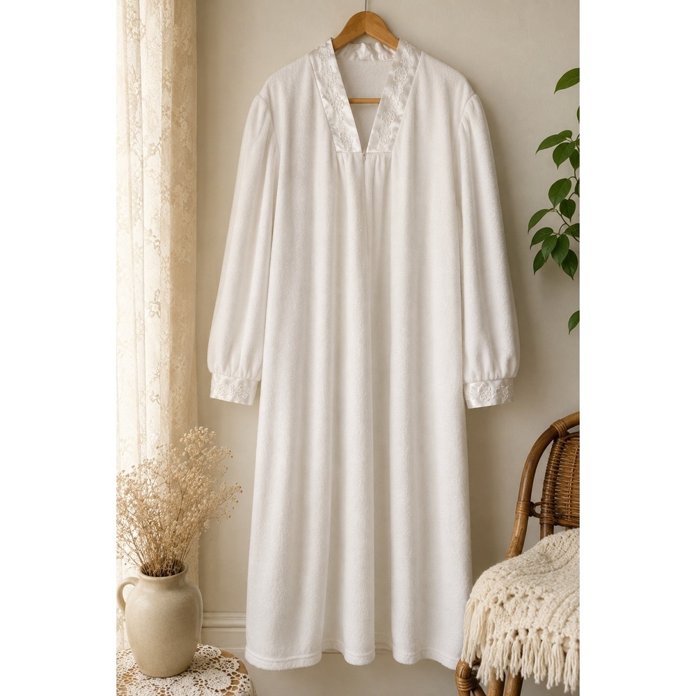 Vintage White Terry Cloth Housecoat Robe Floral Satin Trim Made in Canada